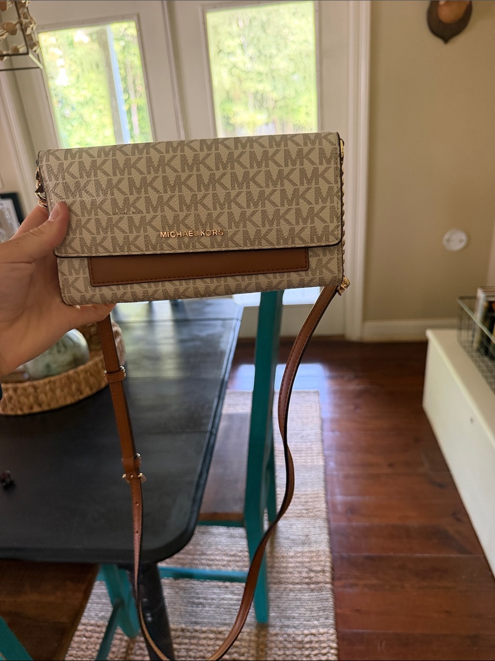 Michael Kors Beige and Brown MK Monogram Crossbody Wallet